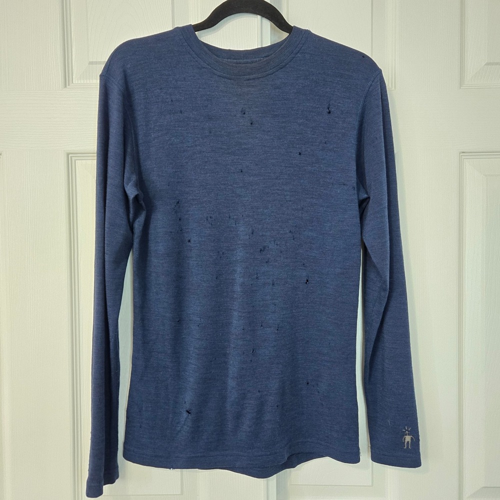 Smartwool Mens Merino Wool Base Layer Long Sleeve Shirt Navy Blue Distressed M